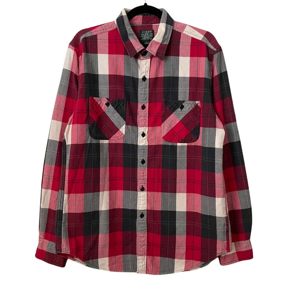 J. Crew Shirt Mens Large Red‎ Black Buffalo Plaid Flannel Long Sleeve Button Up